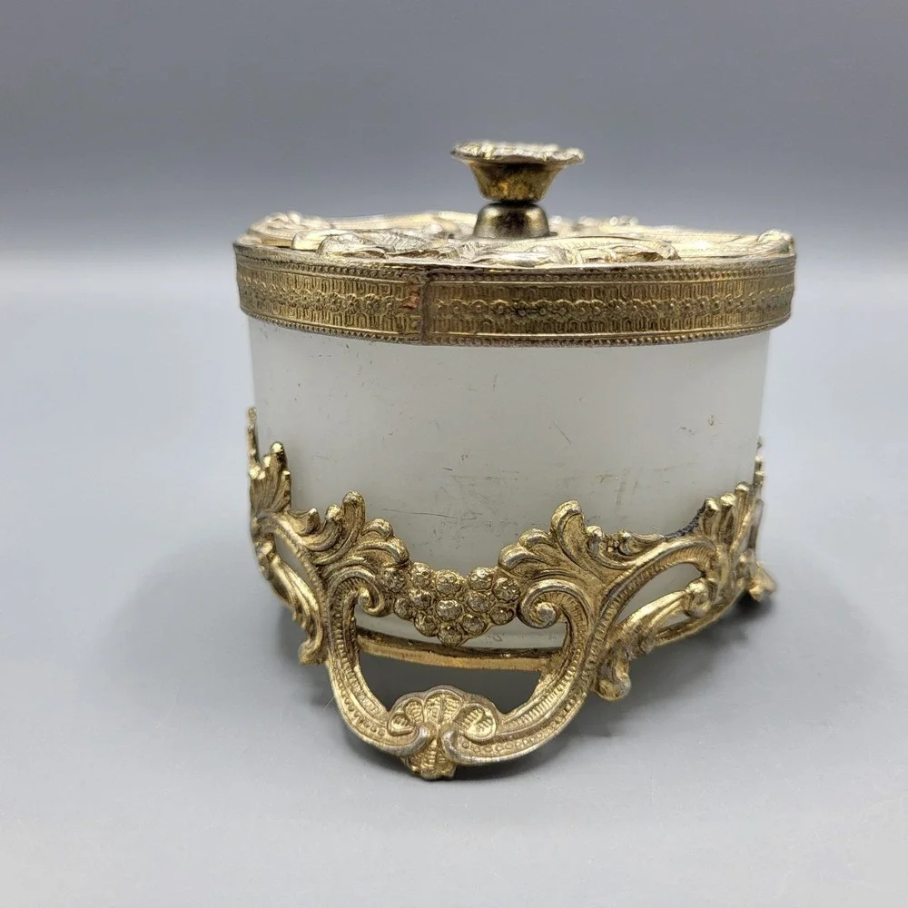 Vintage French Ormulo Trinket Box Vanity Jar Gold Filigree Frosted Glass Footed